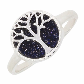 Blue Goldstone Sterling Silver Tree of Life Ring