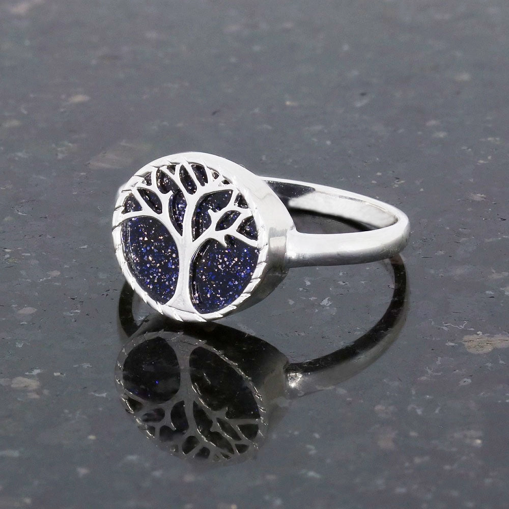 Blue Goldstone Sterling Silver Tree of Life Ring
