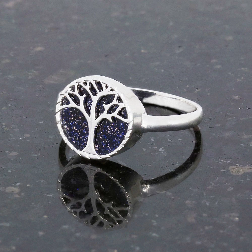 Blue Goldstone Sterling Silver Tree of Life Ring
