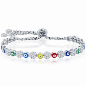 Classic Women's Bracelet - Alternating CZ and Multi-Color Enamel Evil Eye | T-8064