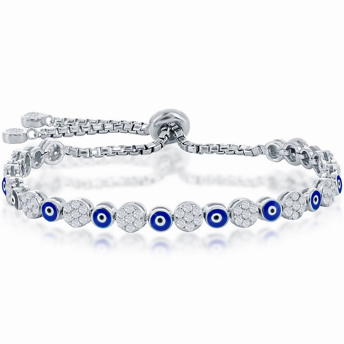 Classic Women's Bracelet - Alternating CZ and Navy Enamel Evil Eye Bolo | T-8063