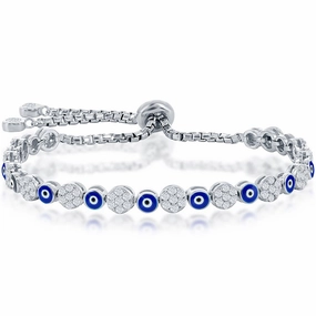 Classic Women's Bracelet - Alternating CZ and Navy Enamel Evil Eye Bolo | T-8063