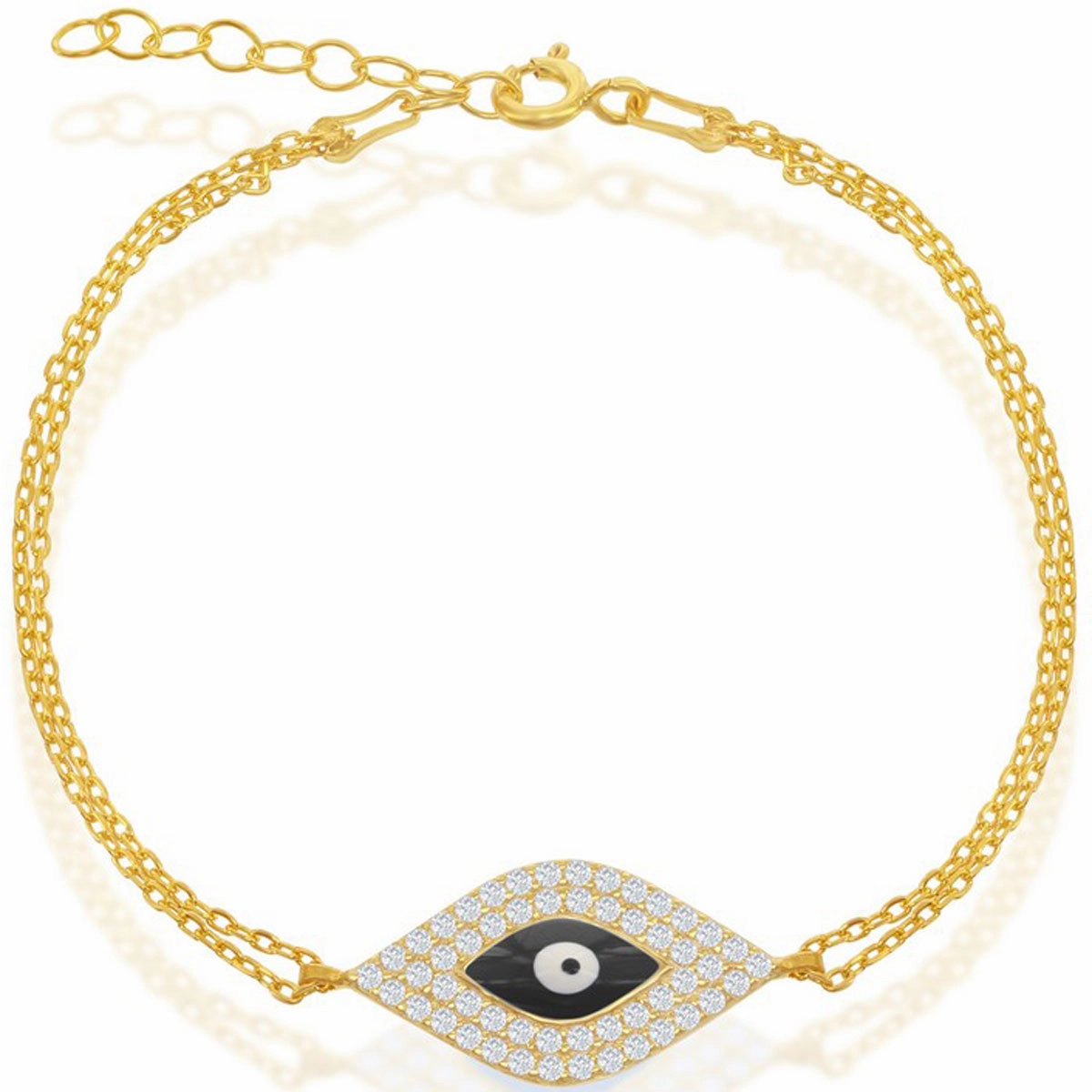 Classic Women's Bracelet - Gold Double-Strand Center CZ and Black Evil Eye| T-5786