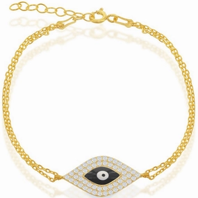 Classic Women's Bracelet - Gold Double-Strand Center CZ and Black Evil Eye| T-5786