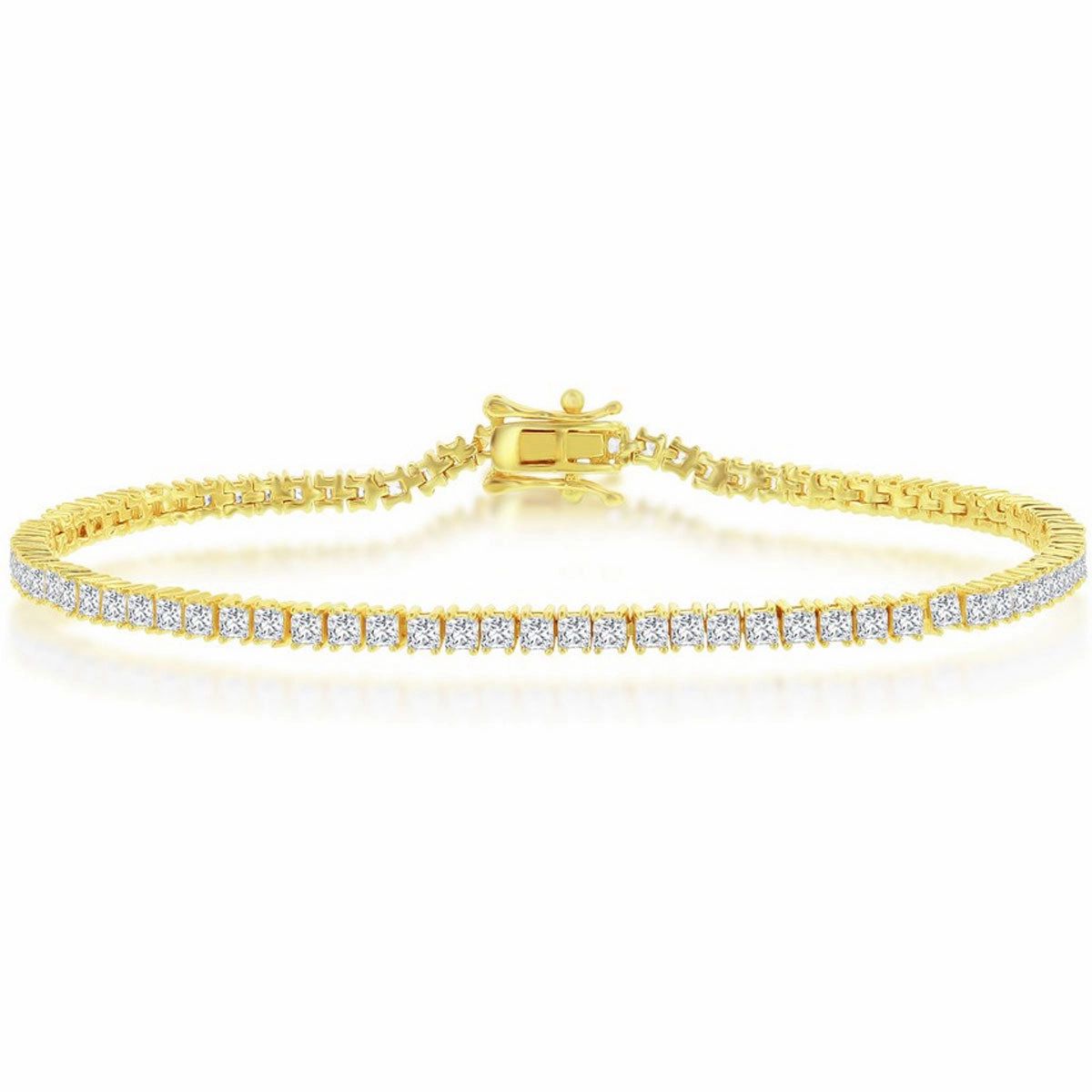 Classic Women's Bracelet - Gold Plated 3mm Princess-Cut White CZ Tennis | T-7906-GP