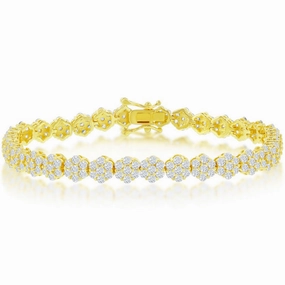 Classic Women's Bracelet - Gold Plated Flower Design White CZ 6mm Tennis | T-7705-GP
