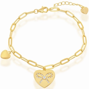 Classic Women's Bracelet - Gold Plated Heart with CZ Ribbon Paperclip | T-7888-GP