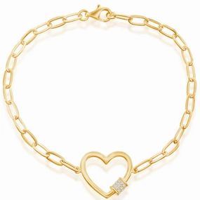 Classic Women's Bracelet - Gold Plated Heart with White CZ Rod Paperclip | T-7965-GP