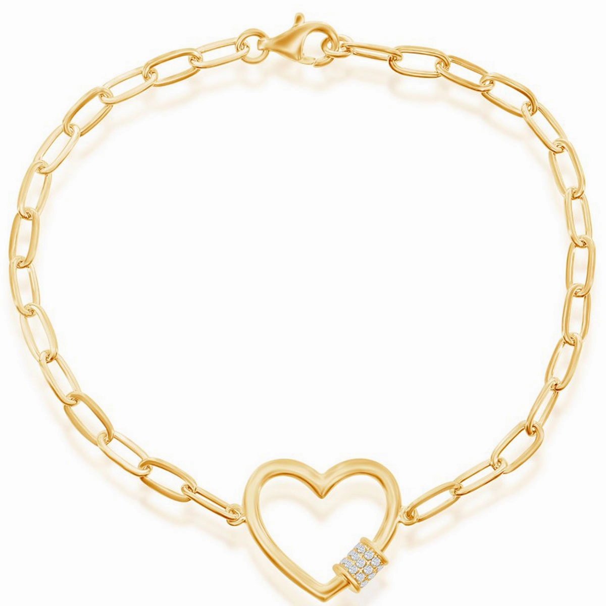 Classic Women's Bracelet - Gold Plated Heart with White CZ Rod Paperclip | T-7965-GP