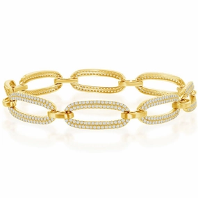 Classic Women's Bracelet - Gold Plated Micro Pave White CZ Linked Oval | T-7882-GP