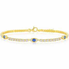 Classic Women's Bracelet - Gold Tone White and Blue CZ Evil Eye Tennis | T-8002-GP