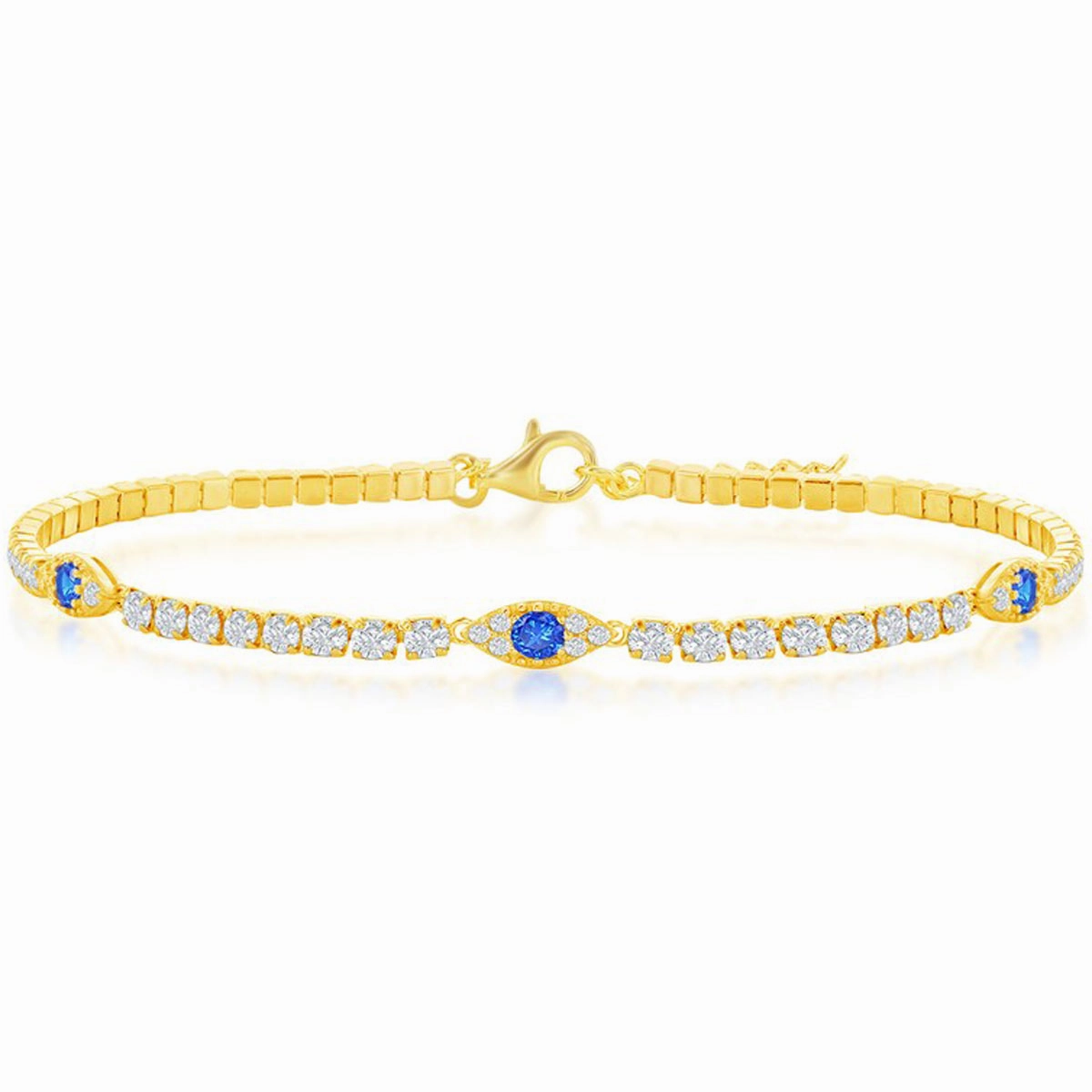 Classic Women's Bracelet - Gold Tone White and Blue CZ Evil Eye Tennis | T-8002-GP