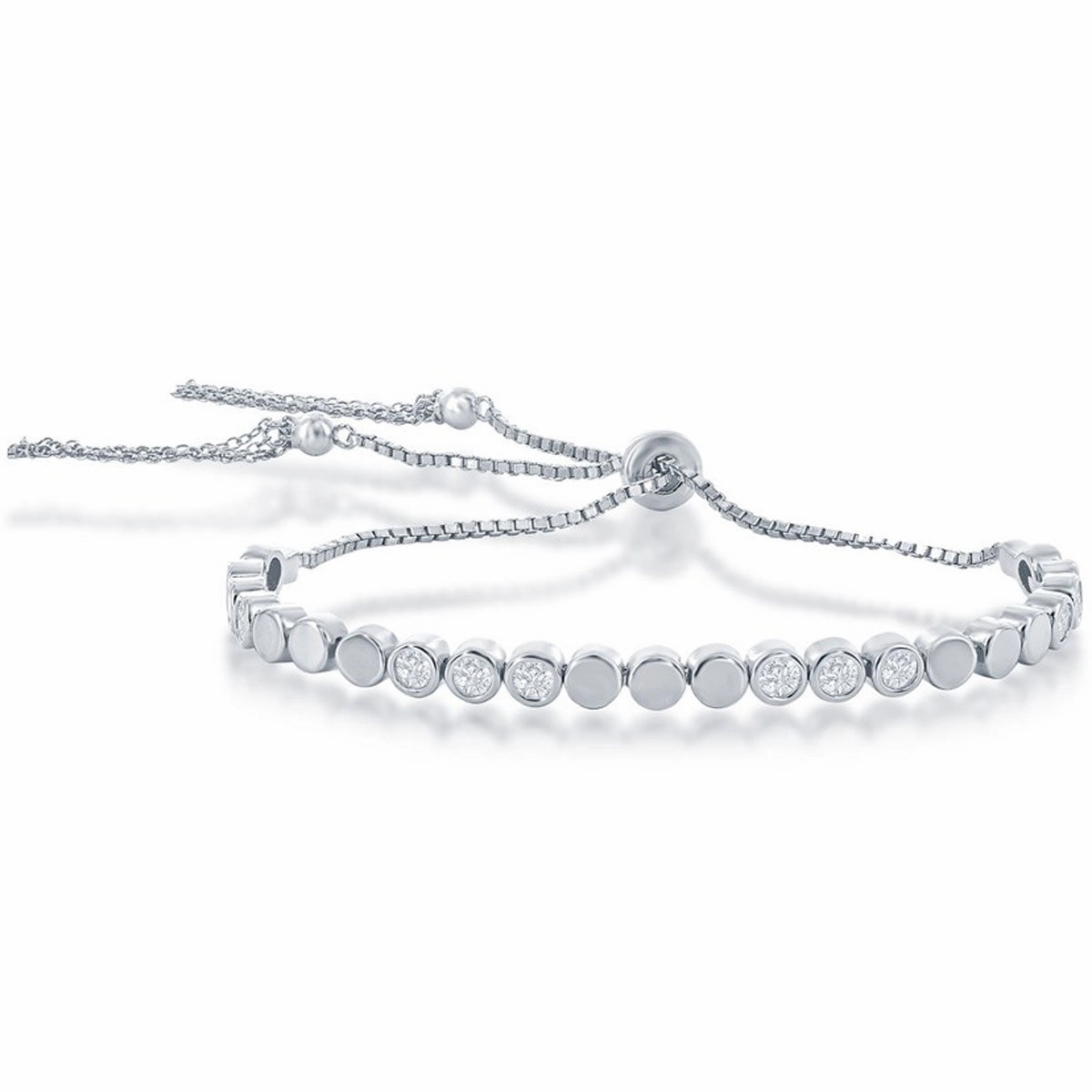Classic Women's Bracelet - Polished and CZ Tennis Adjustable Bolo Tassel | T-8060