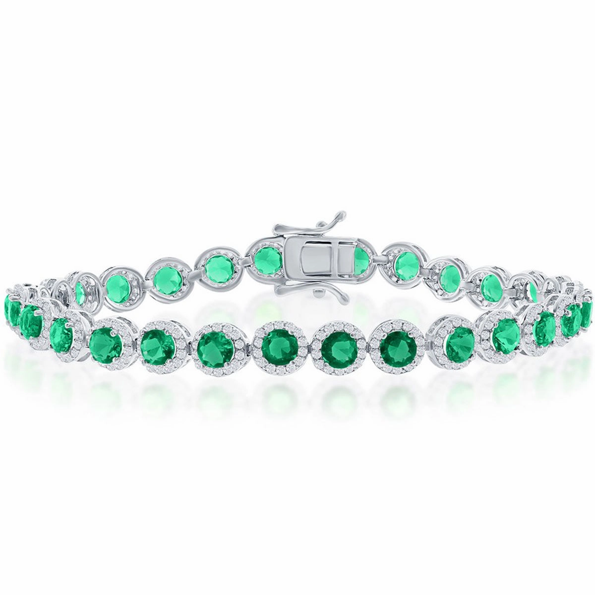 Classic Women's Bracelet - Silver Round Halo White and Emerald CZ Linked | T-7974