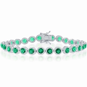 Classic Women's Bracelet - Silver Round Halo White and Emerald CZ Linked | T-7974