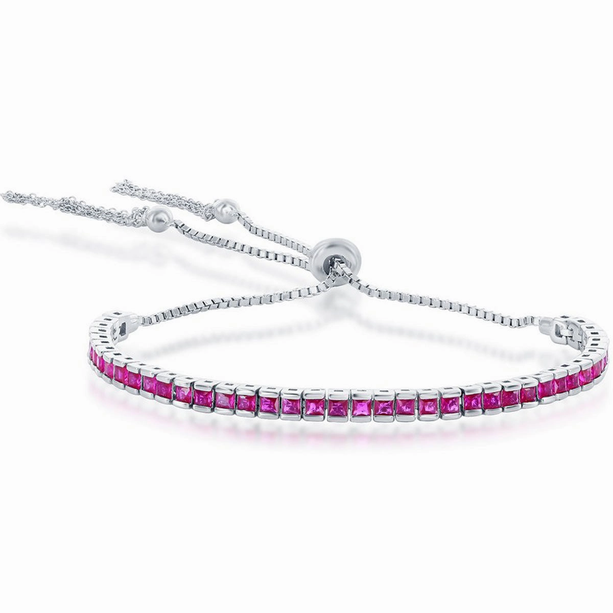 Classic Women's Bracelet - Silver Tennis Channel-Set Ruby CZ Bolo Tassel | T-8056