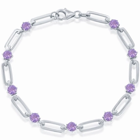 Classic Women's Bracelet - Sterling Silver 4.5mm Round Amethyst Paperclip | T-7994