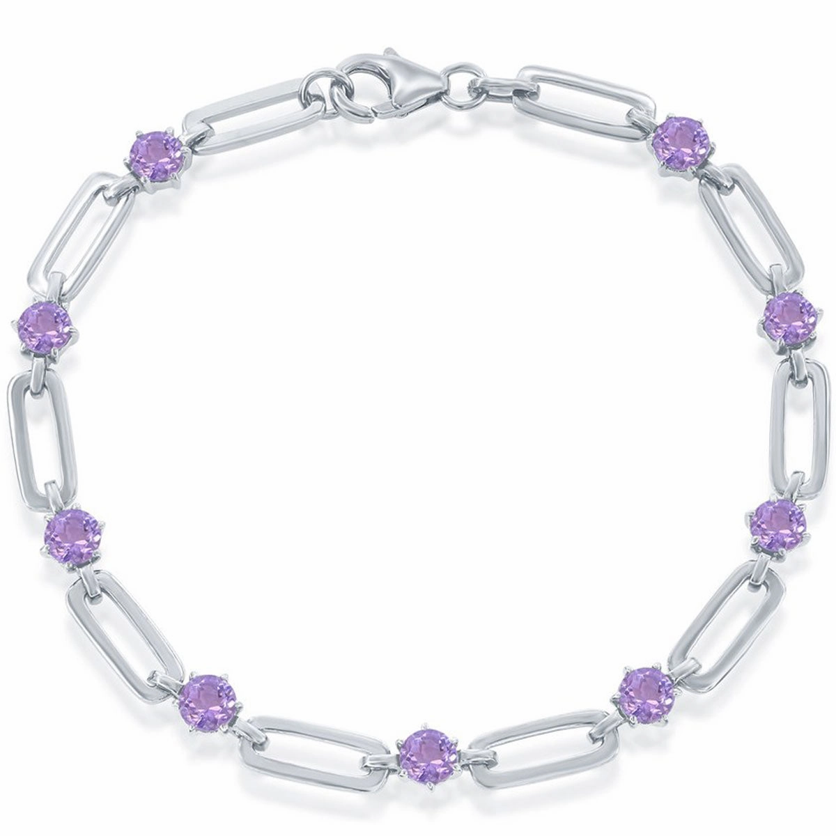 Classic Women's Bracelet - Sterling Silver 4.5mm Round Amethyst Paperclip | T-7994