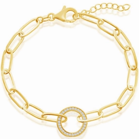 Classic Women's Bracelet - Sterling Silver Gold CZ Circle Paperclip | T-7967-GP