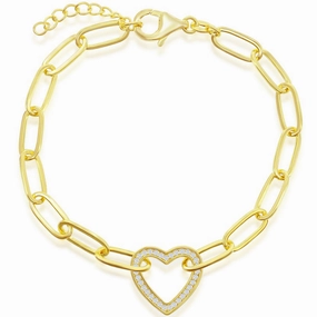 Classic Women's Bracelet - Sterling Silver Gold CZ Heart Paperclip Link | T-7966-GP