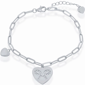 Classic Women's Bracelet - Sterling Silver Heart with CZ Ribbon Paperclip | T-7888