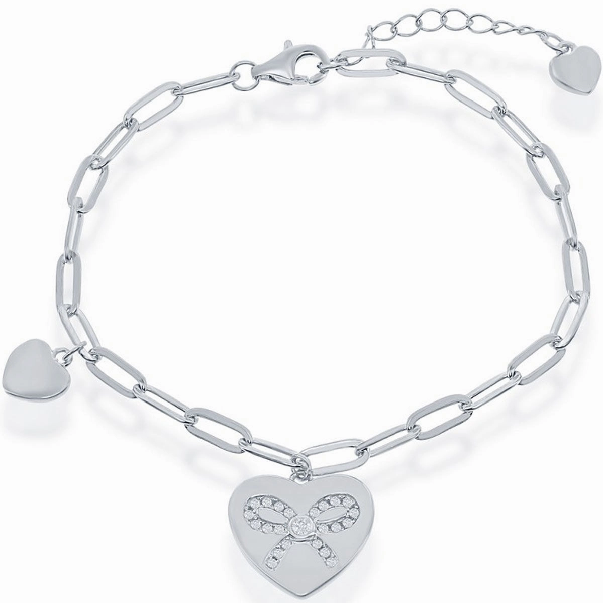 Classic Women's Bracelet - Sterling Silver Heart with CZ Ribbon Paperclip | T-7888