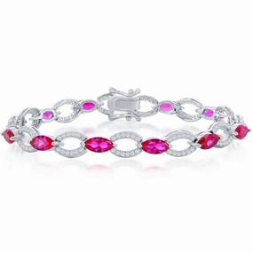 Classic Women's Bracelet - Sterling Silver Marquise and Oval Ruby CZ Link | T-7979