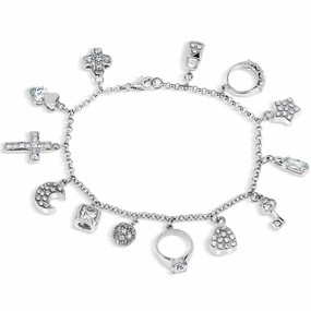 Classic Women's Bracelet - Sterling Silver Multi White CZ Charms Rolo Chain | T-4173