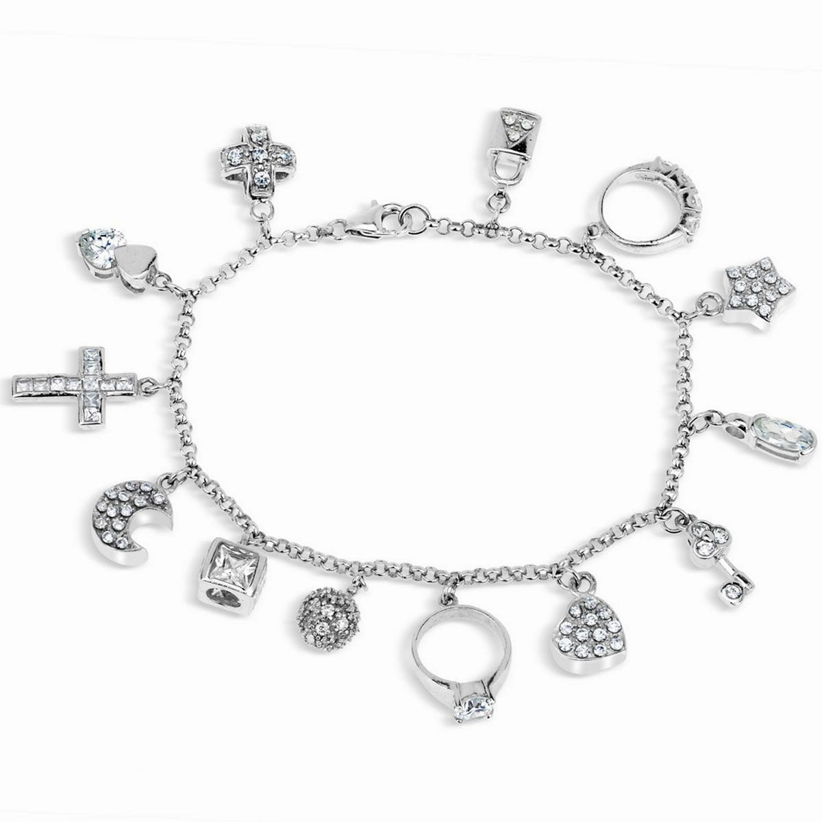 Classic Women's Bracelet - Sterling Silver Multi White CZ Charms Rolo Chain | T-4173