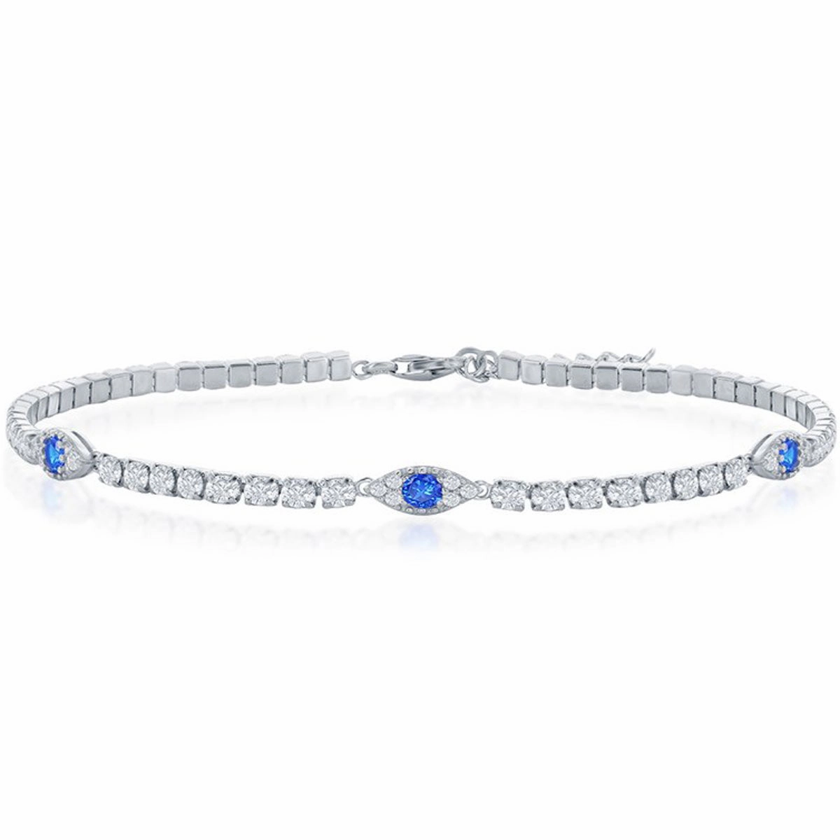 Classic Women's Bracelet - Sterling Silver White and Blue CZ Evil Eye Tennis | T-8002