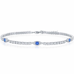 Classic Women's Bracelet - Sterling Silver White and Blue CZ Evil Eye Tennis | T-8002