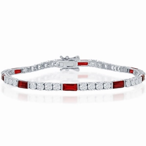 Classic Women's Bracelet - Sterling Silver White and Emerald-Cut Ruby CZ | T-7871