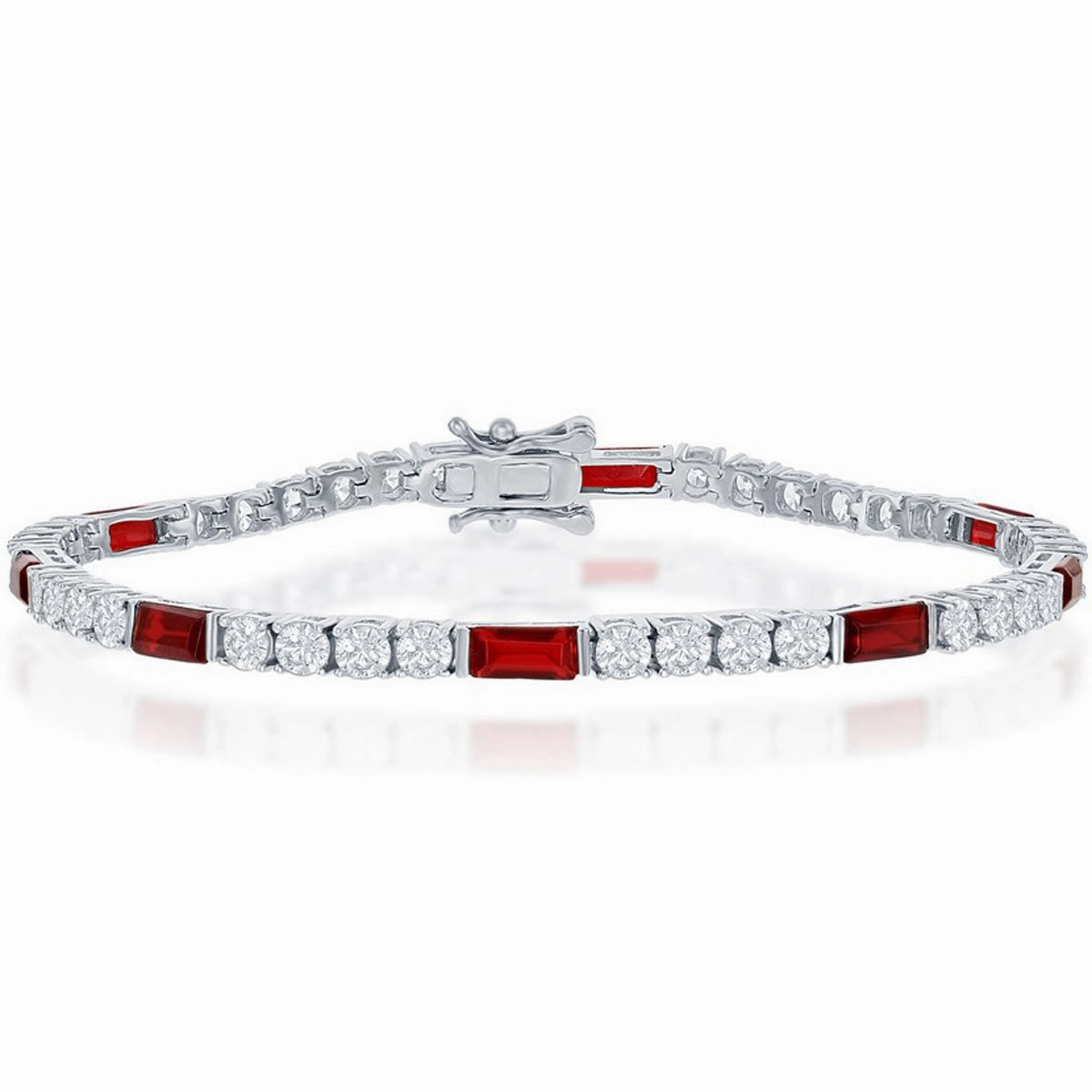 Classic Women's Bracelet - Sterling Silver White and Emerald-Cut Ruby CZ | T-7871