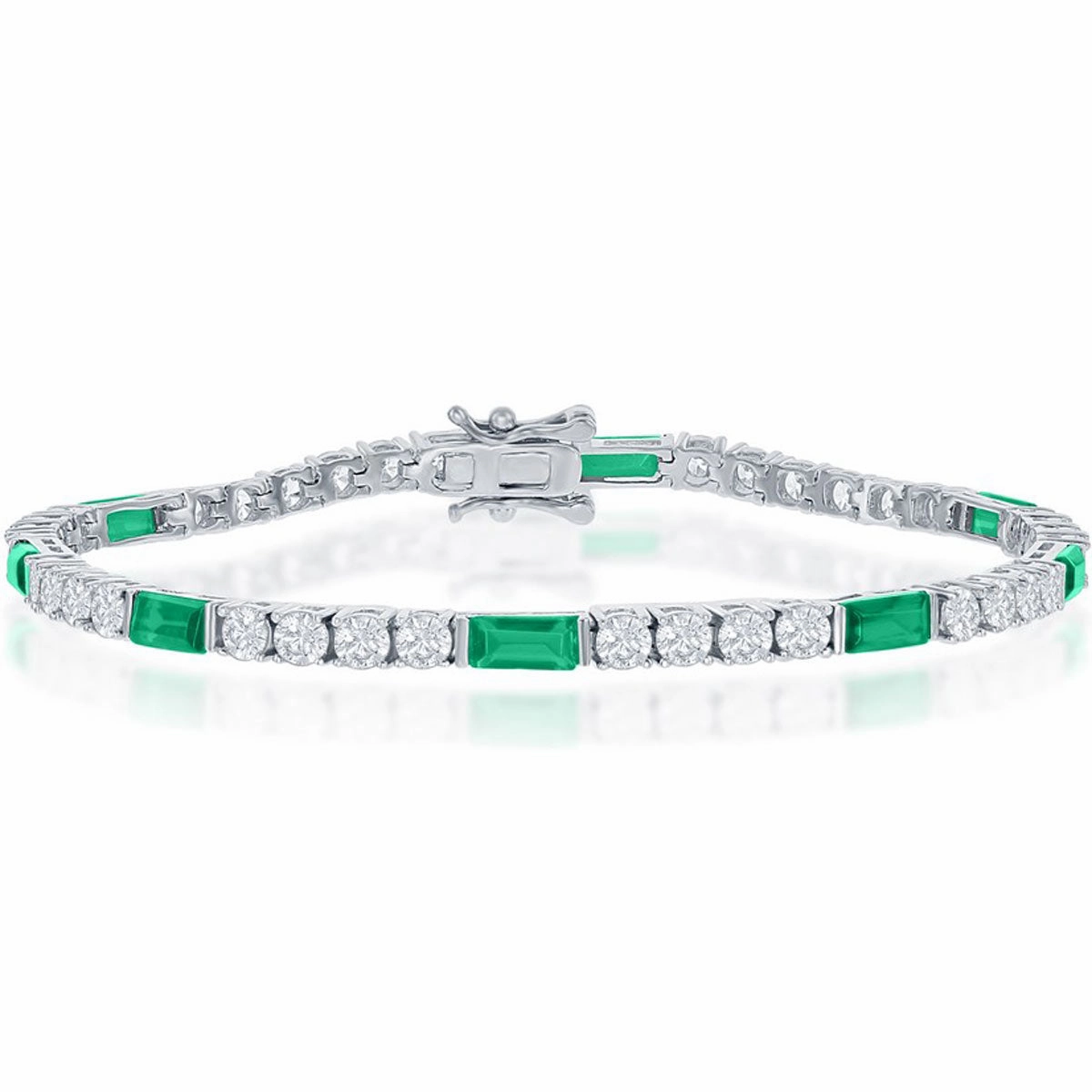 Classic Women's Bracelet - Sterling Silver White and Green Emerald CZ Tennis | T-7872