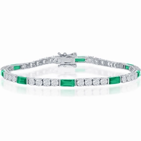 Classic Women's Bracelet - Sterling Silver White and Green Emerald CZ Tennis | T-7872