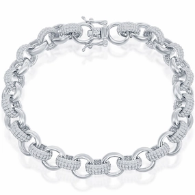 Classic Women's Bracelet - Sterling Silver White CZ and Polished Linked | T-7868