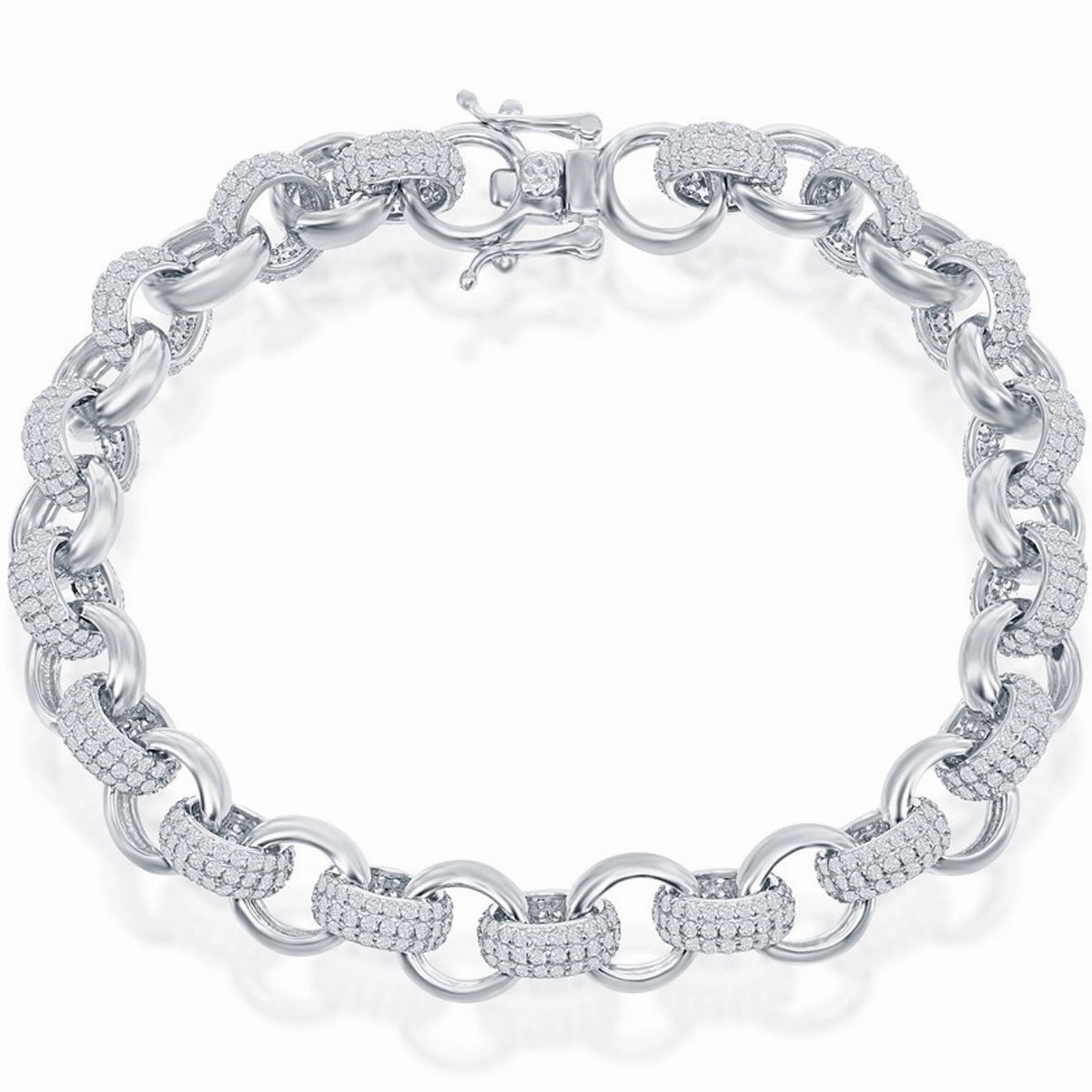 Classic Women's Bracelet - Sterling Silver White CZ and Polished Linked | T-7868