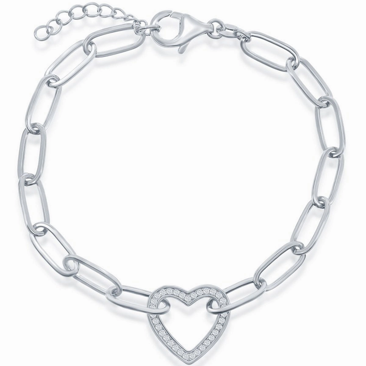 Classic Women's Bracelet - Sterling Silver White CZ Heart Shiny Paperclip | T-7966