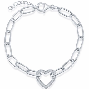 Classic Women's Bracelet - Sterling Silver White CZ Heart Shiny Paperclip | T-7966