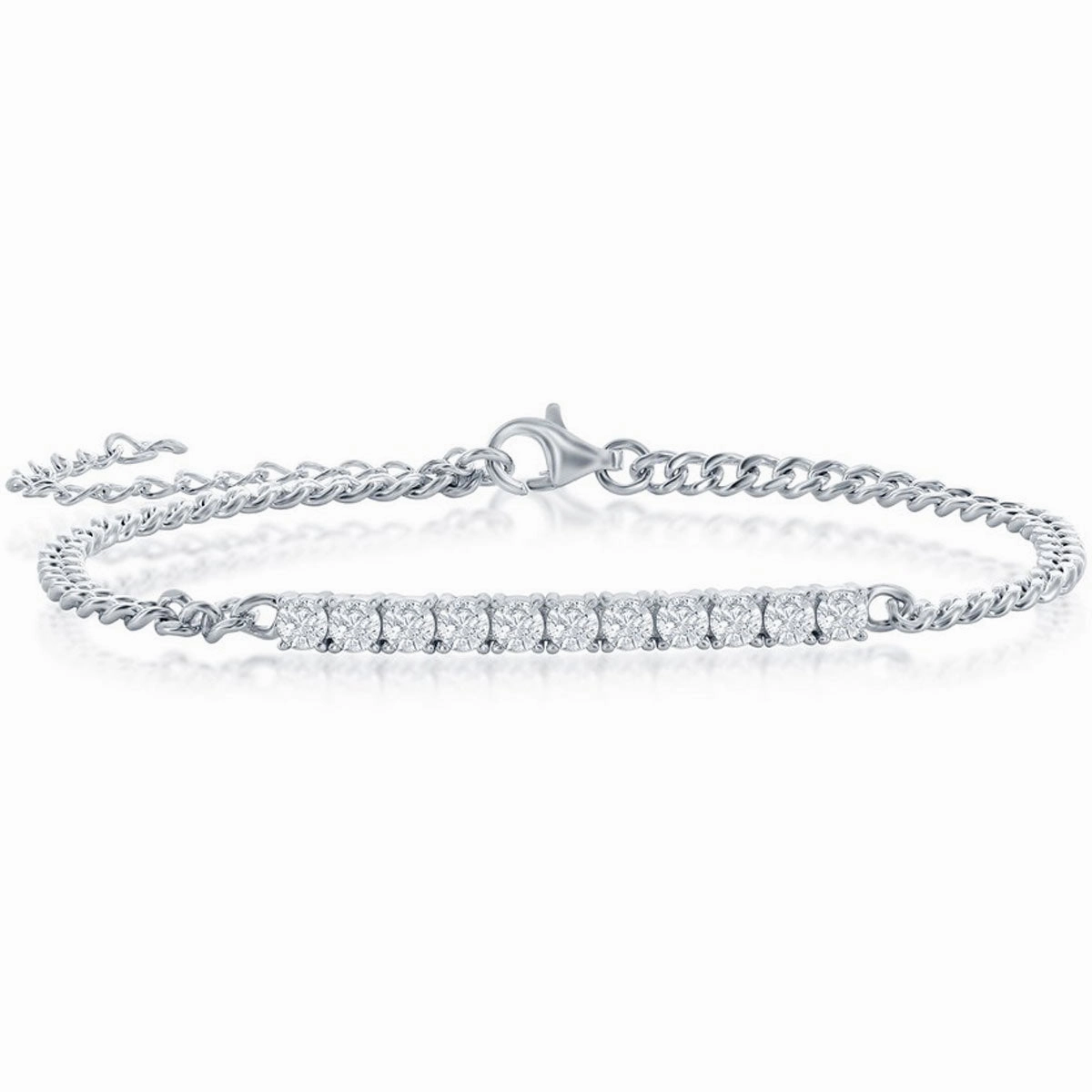 Classic Women's Bracelet - Sterling Silver White CZ ID Bar Curb Chain | T-7961