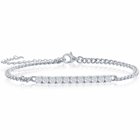 Classic Women's Bracelet - Sterling Silver White CZ ID Bar Curb Chain | T-7961