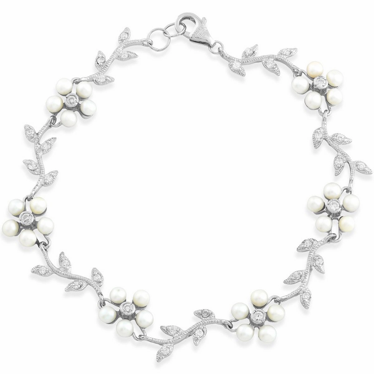 Classic Women's Bracelet - White FWP Flowers and Clear CZ Leaves On Branch | T-4418