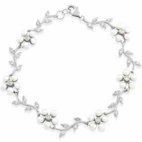 Classic Women's Bracelet - White FWP Flowers and Clear CZ Leaves On Branch | T-4418