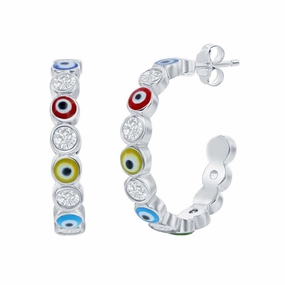 Classic Women's Earrings - Alternating CZ and Multicolor Enamel Evil Eye Hoop | D-8353