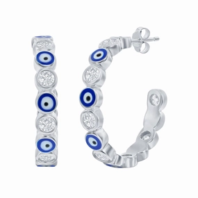 Classic Women's Earrings - Alternating CZ and Navy Blue Enamel Evil Eye Hoop | D-8352