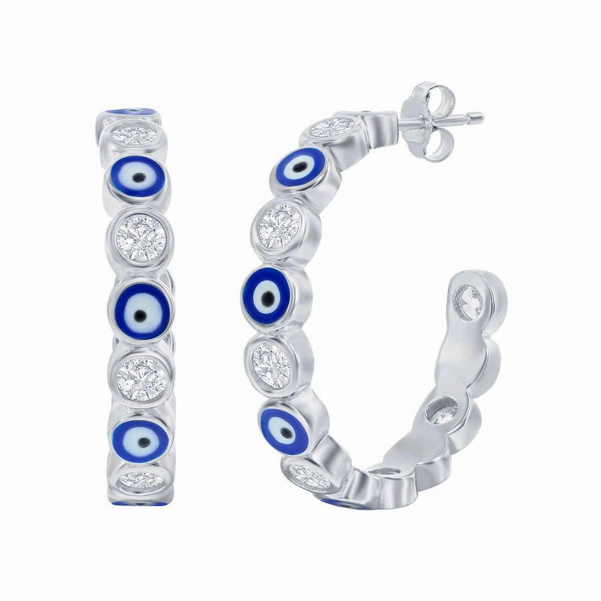 Classic Women's Earrings - Alternating CZ and Navy Blue Enamel Evil Eye Hoop | D-8352