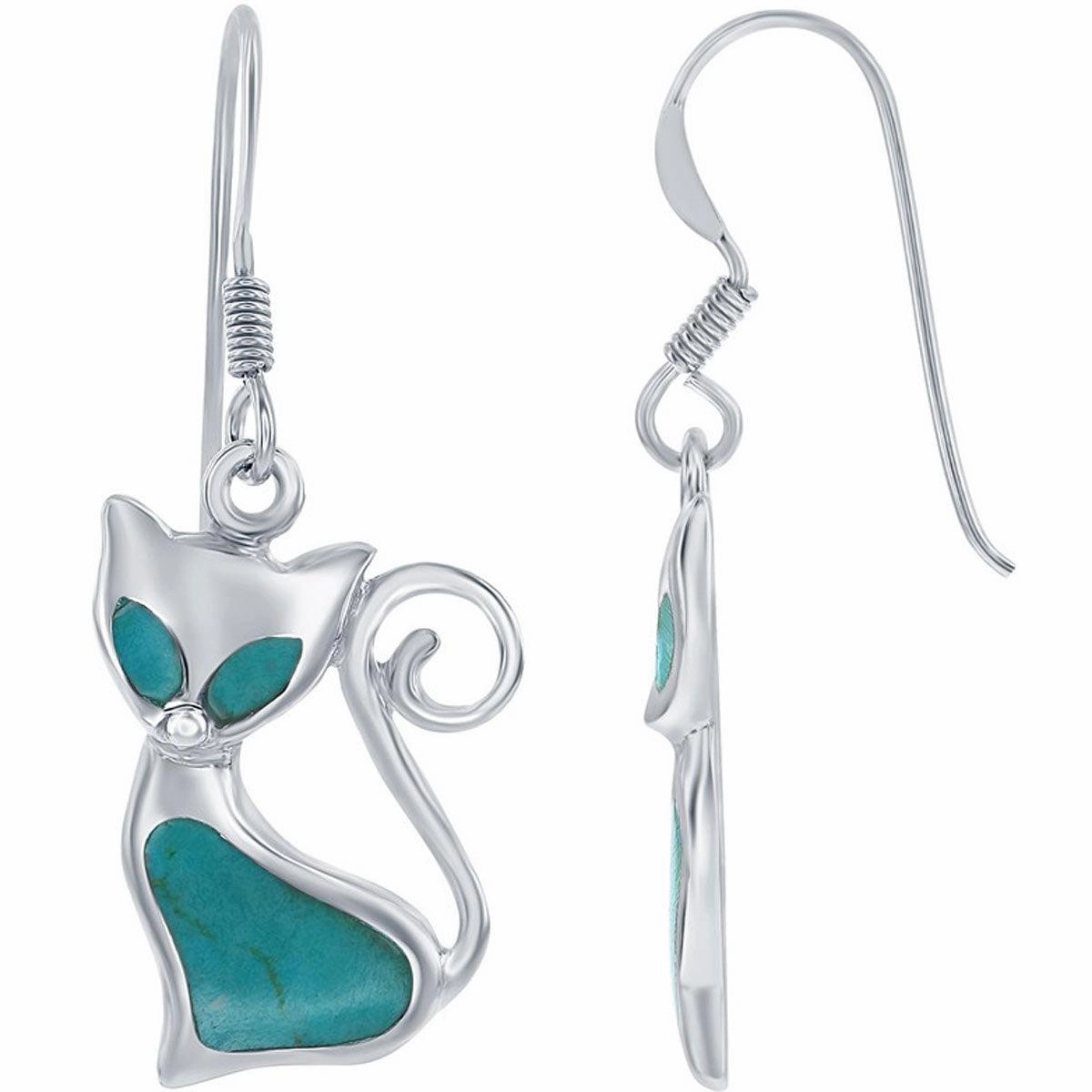 Classic Women's Earrings - Created Turquoise Cat Design French Wire Closure | D-8035