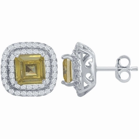 Classic Women's Earrings - Double Border with Center Yellow CZ Square Stud | D-6768
