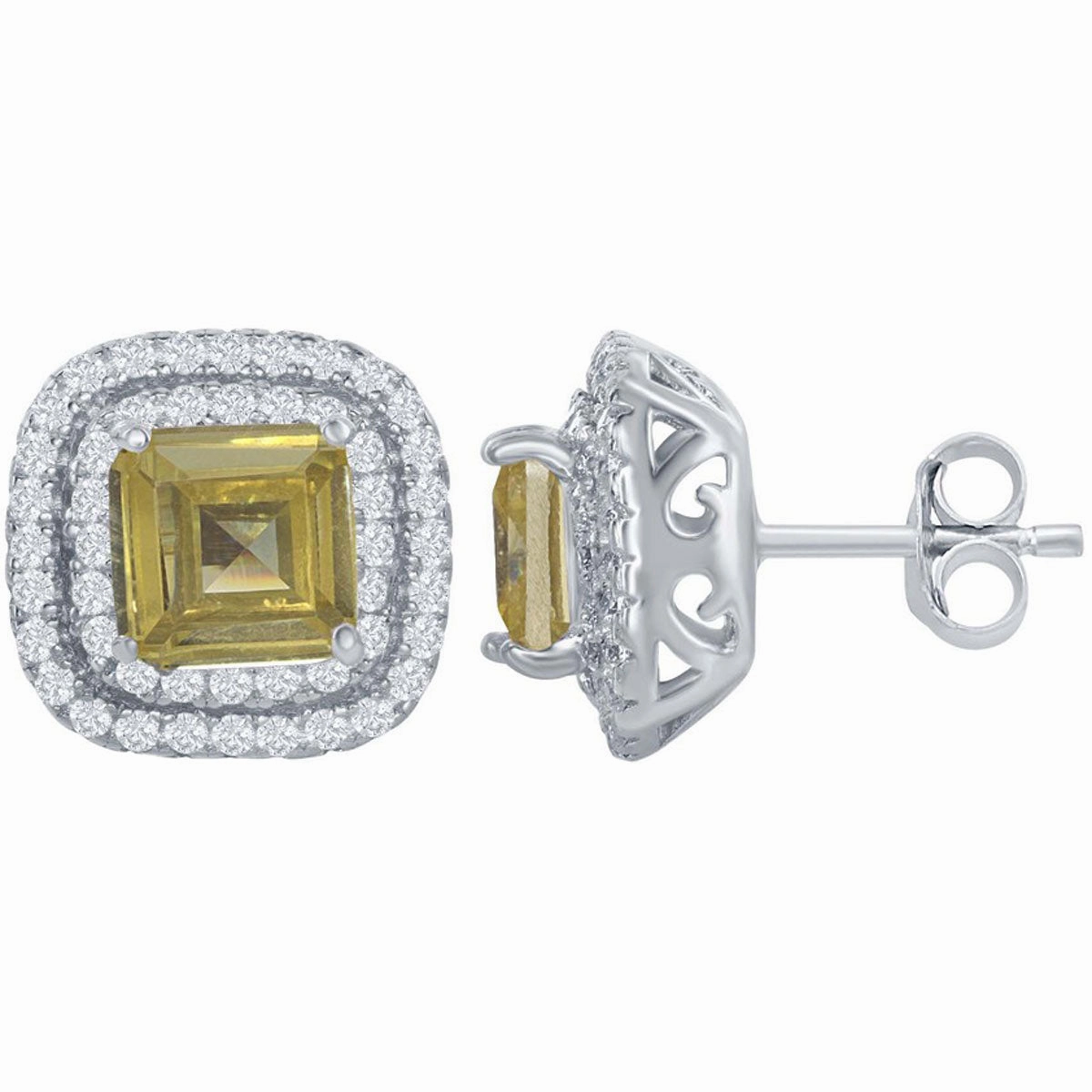 Classic Women's Earrings - Double Border with Center Yellow CZ Square Stud | D-6768
