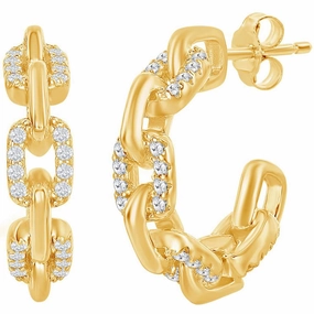 Classic Women's Earrings - Gold Plated 18mm White CZ Paperclip Open Hoop | D-7832-GP
